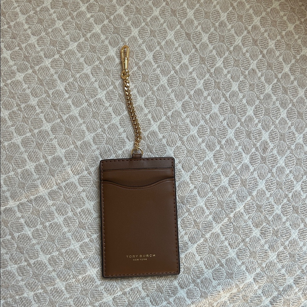 Tory Burch Tan Card Holder with Gold Chain